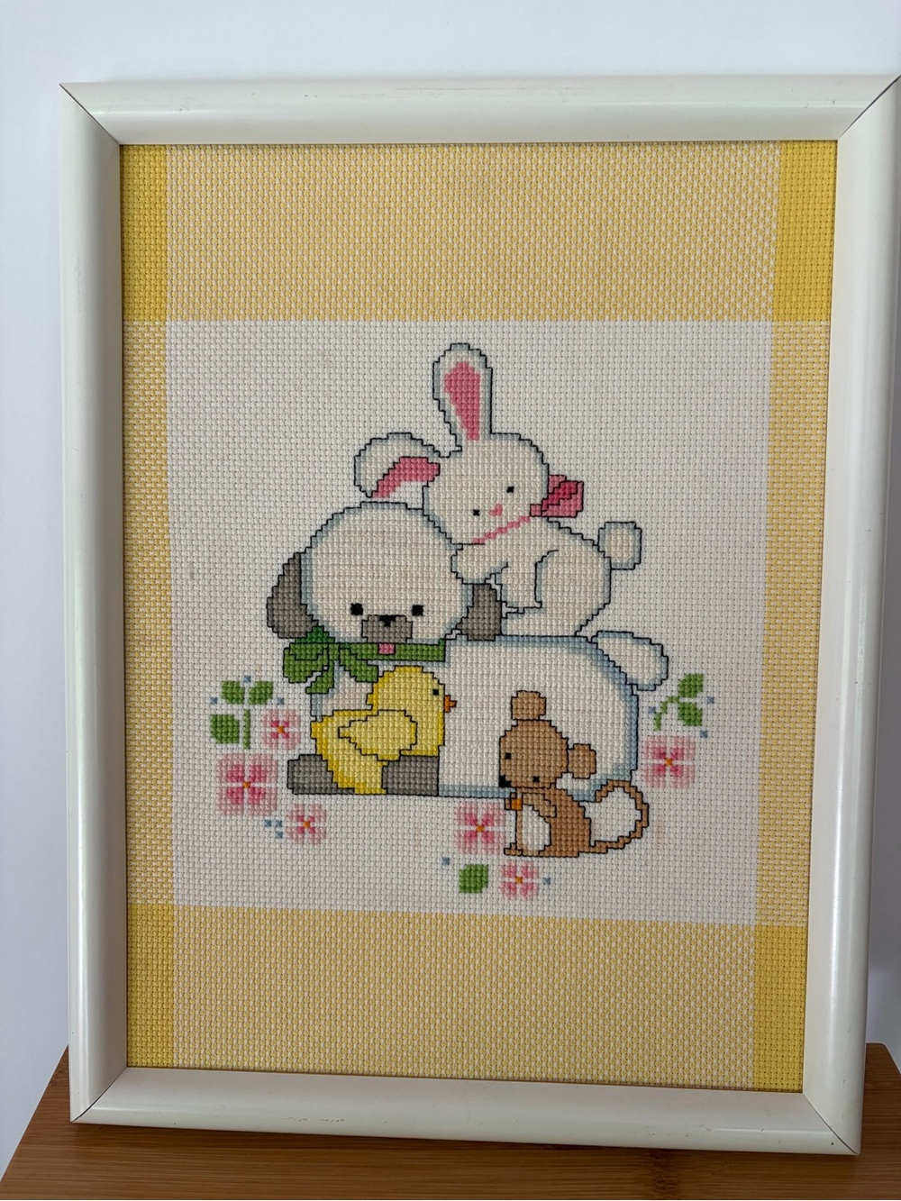 Cute Framed Cross-Stitch Animal Wall Art. Baby Kid’s Room. Easter Spring Pastels